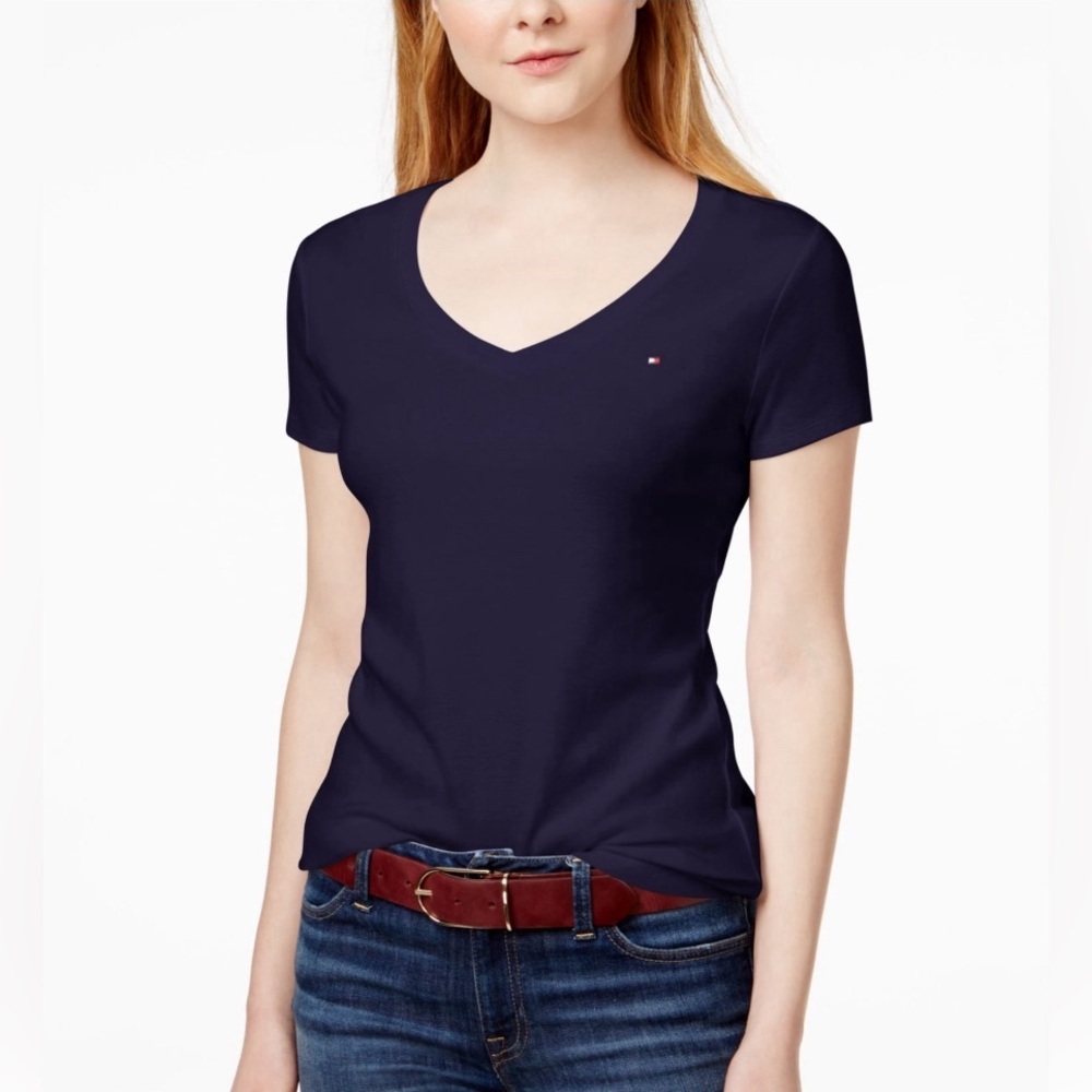 TOMMY HILFIGER Womens Navy Short Sleeve V Neck T-Shirt Size: S